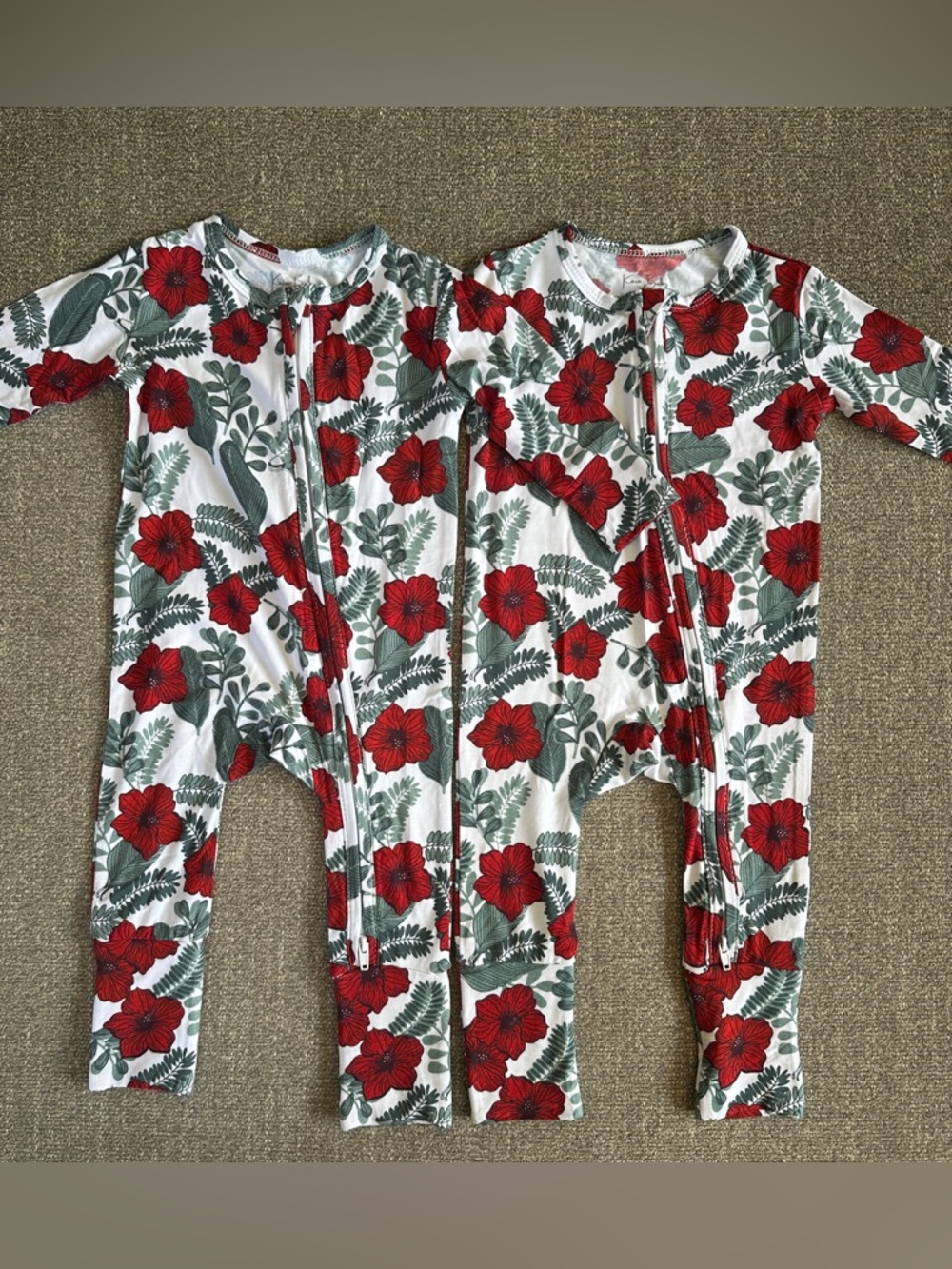 Twin Girl Clothing Bundle NWT Sibling Bamboo Pajamas Red Hibiscus Print | 3-6M